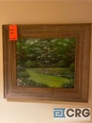 Metal-framed painting of flower landscape 30 X 34 inches