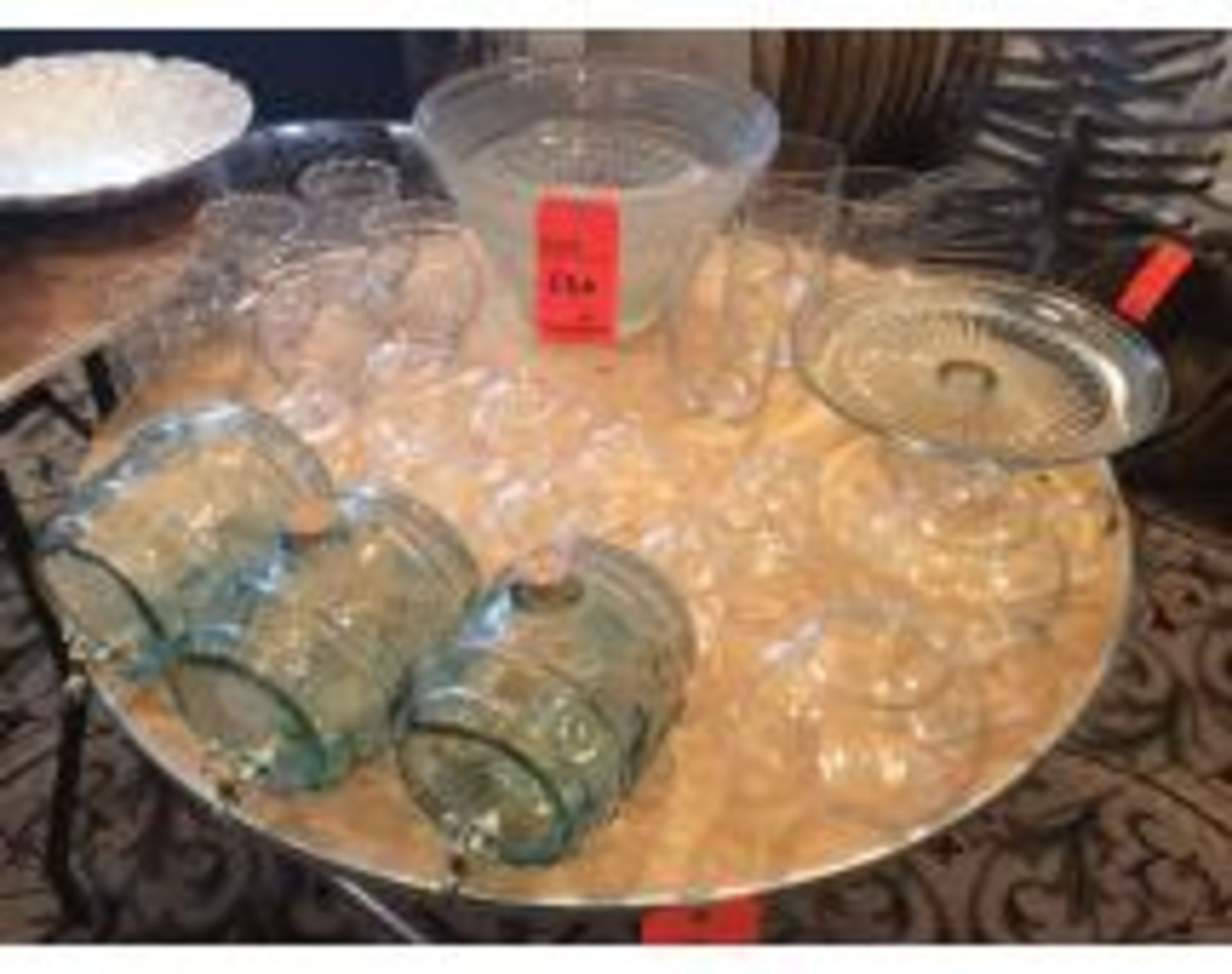 Lot of assorted punch bowls with plastic scoops, silver plated trays, copper serving cups, glassware - Image 5 of 5