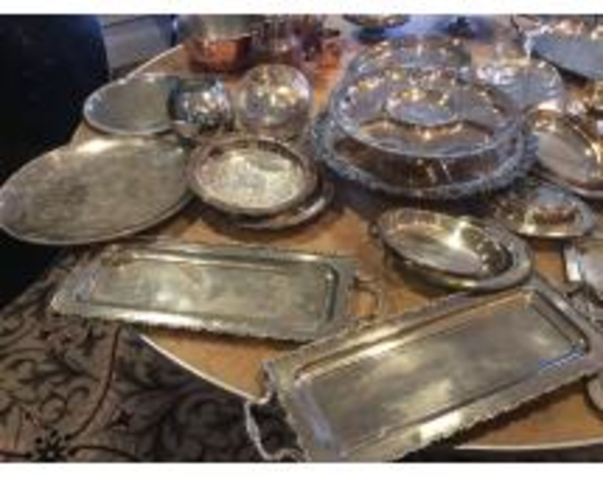 Lot of assorted punch bowls with plastic scoops, silver plated trays, copper serving cups, glassware - Image 3 of 5