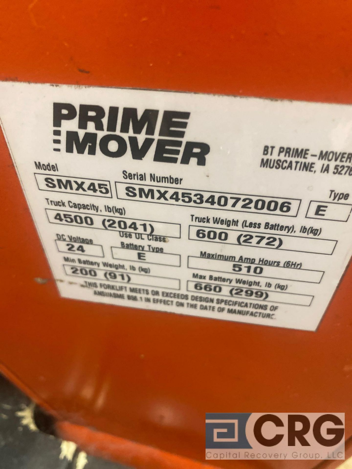 PRIME MOVER SMX45 electric walk-behind pallet jack 4500 lb. capacity, SN SMX4534072006 (NO - Image 4 of 4