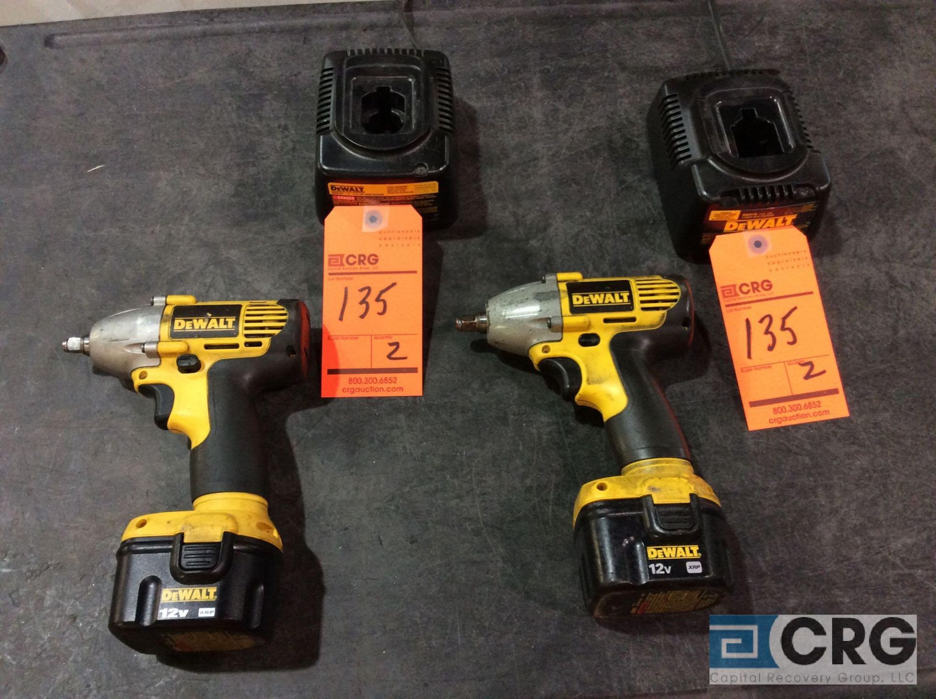 Lot of (2) DeWalt 12V DW051 heavy duty 3/8 inch cordless impact guns with chargers