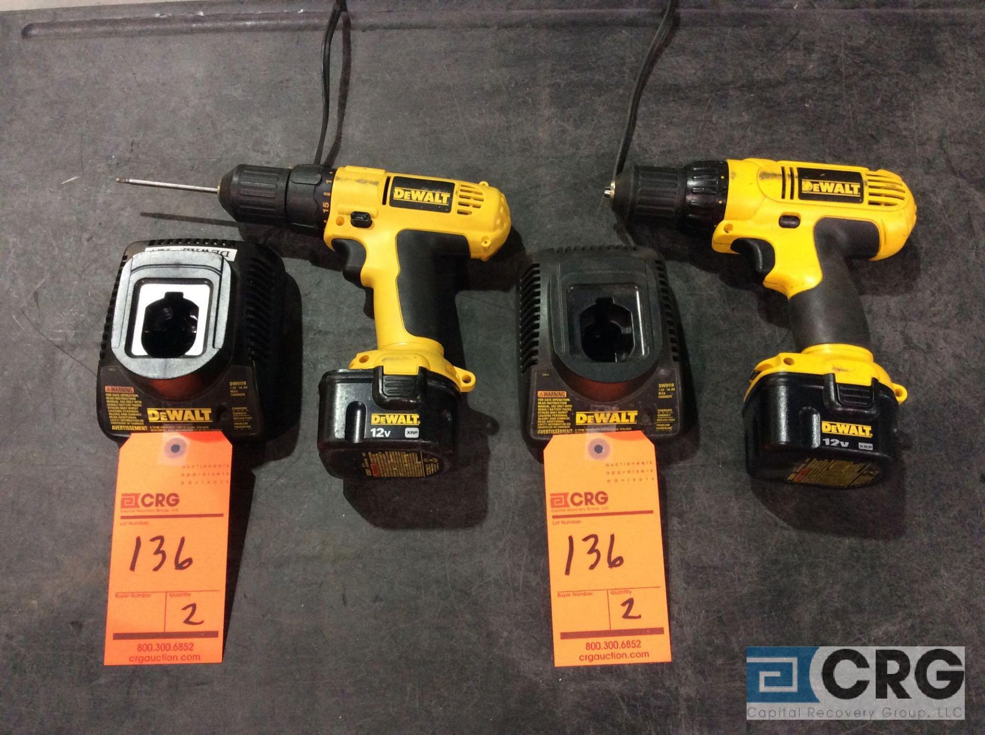 Lot of (2) DeWalt DC727 3/8 inch VSR cordless drill / driver with chargers