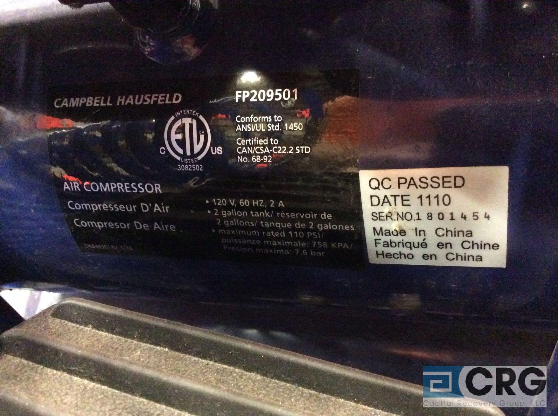 Campbell Hausfeld FP209501 portable inflation and fastening air compressor, 110 max psi, 1 phase - Image 3 of 3