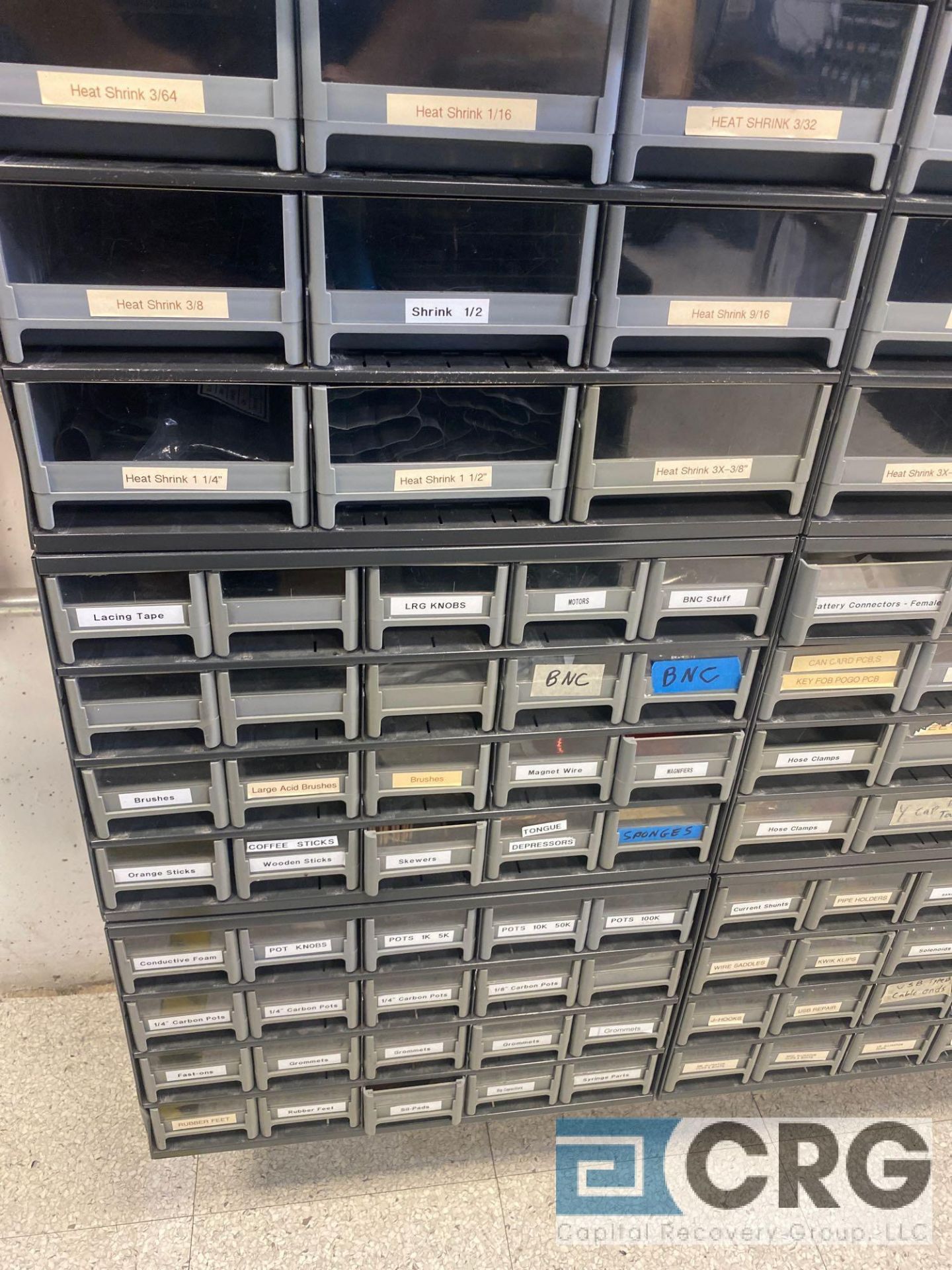 Lot of parts cabinets, including assortment of computer and electrical parts, screws, nuts bolts, - Image 3 of 9