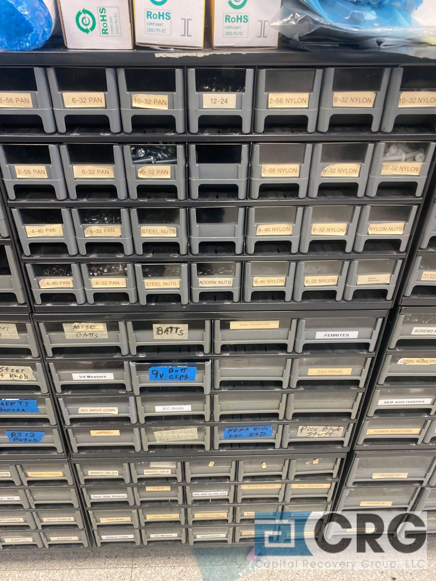 Lot of parts cabinets, including assortment of computer and electrical parts, screws, nuts bolts, - Image 5 of 9