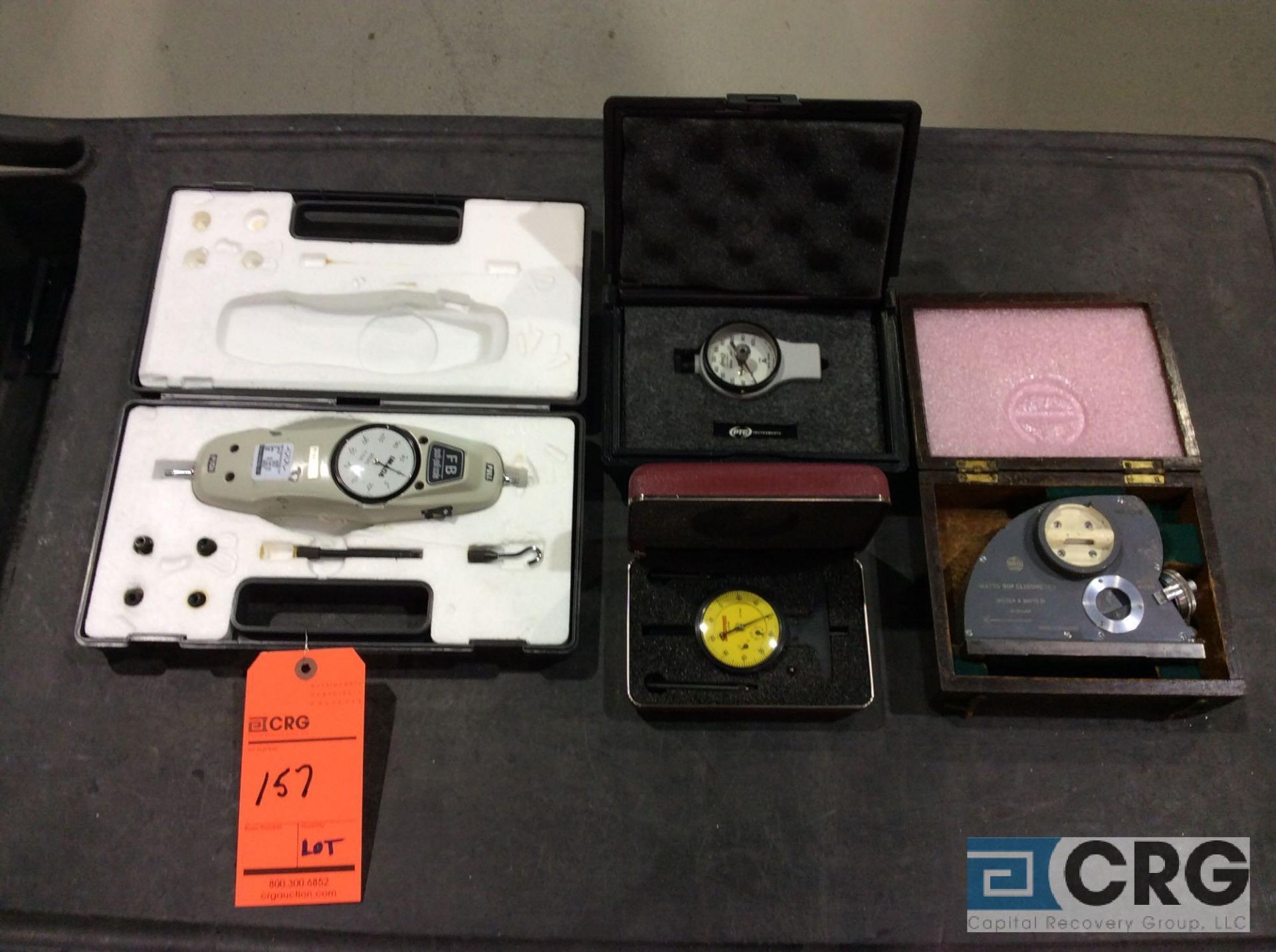 Lot of (4) dial gages including, (1) PTC 408 ergo durometer, (1) Boston Metrology push / pull scale,