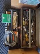 Lot asst hand tools including work lights, tool box, misc light bulbs
