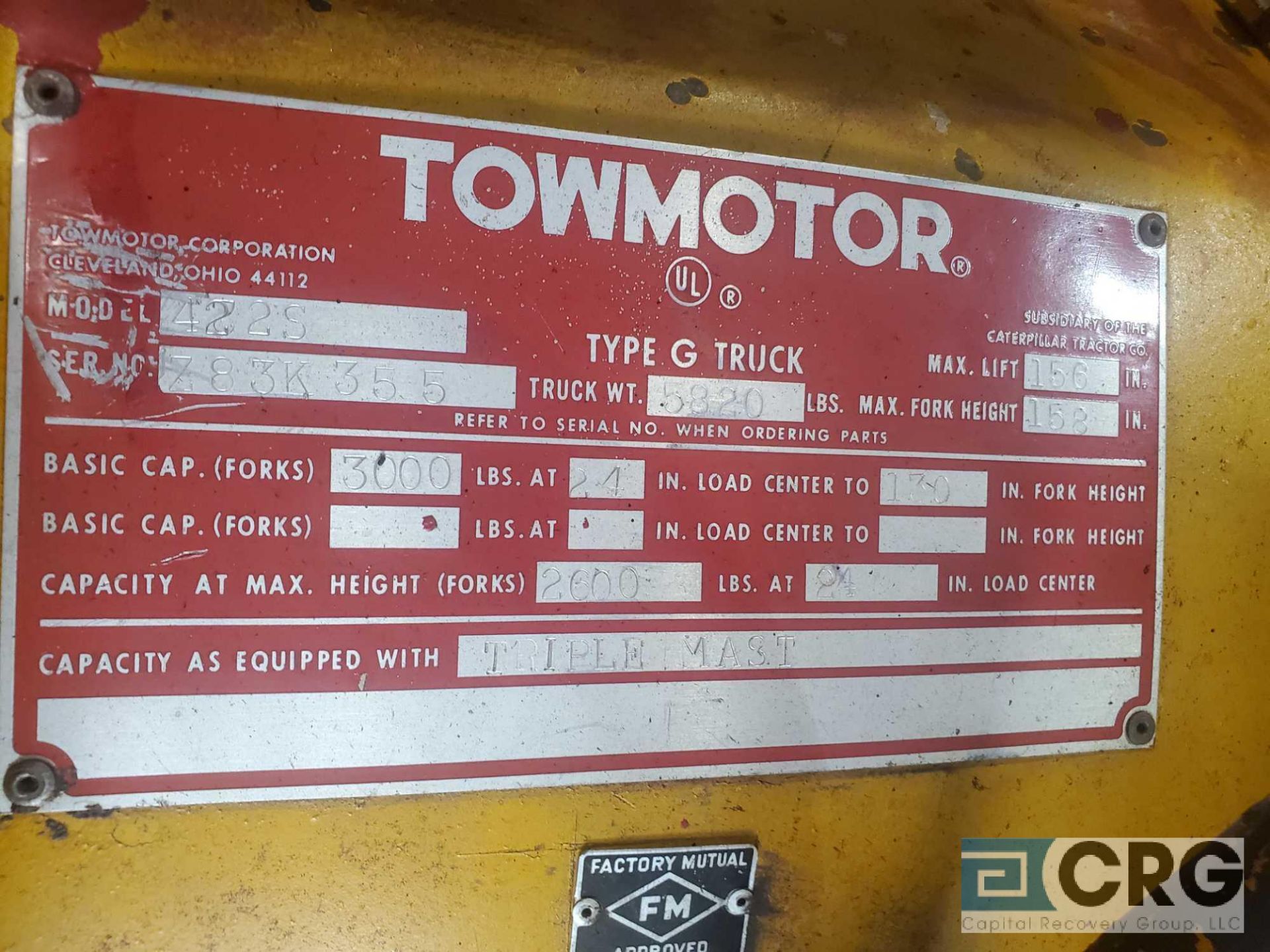 Towmotor 422S propane forklift, clamp attachment on front, short mast, 3000 lb capacity, solid - Image 6 of 6