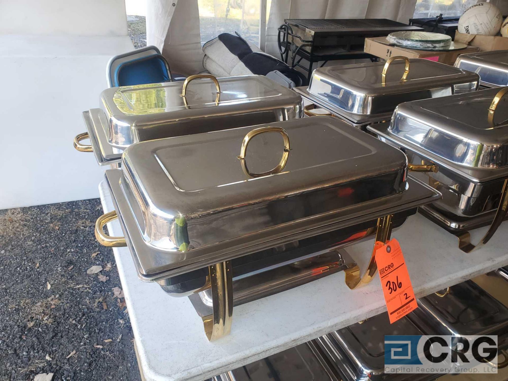 Lot of (2) gold accent fancy chafing dishes with insert pan