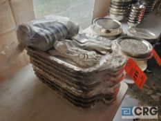 Lot of (9) fancy 13 X 20 inch serving platters with serving forks, tongs and cups