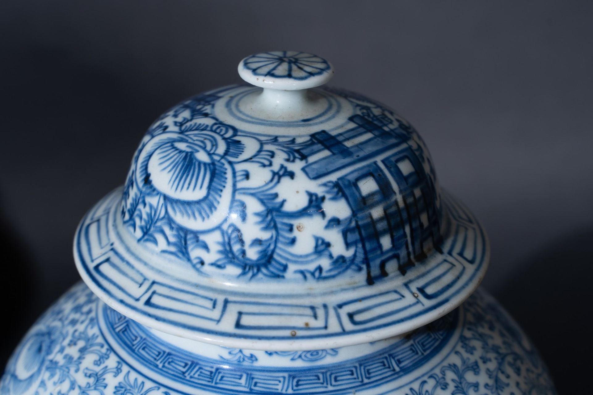 Arte Cinese A blue and white porcelain potiche painted with sprays and ideograms China, early 20th - Bild 3 aus 5