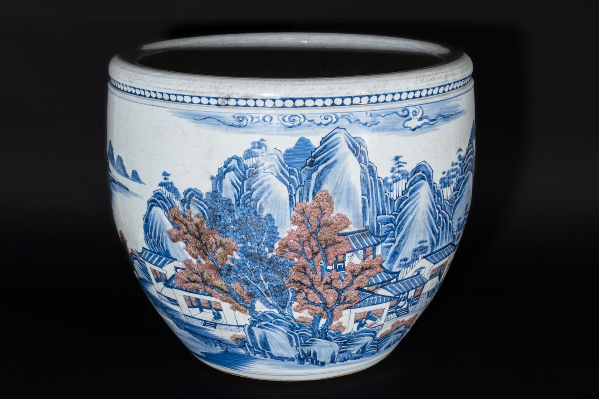 Arte Cinese A pottery fish bowl painted with landscape China, 20th century .