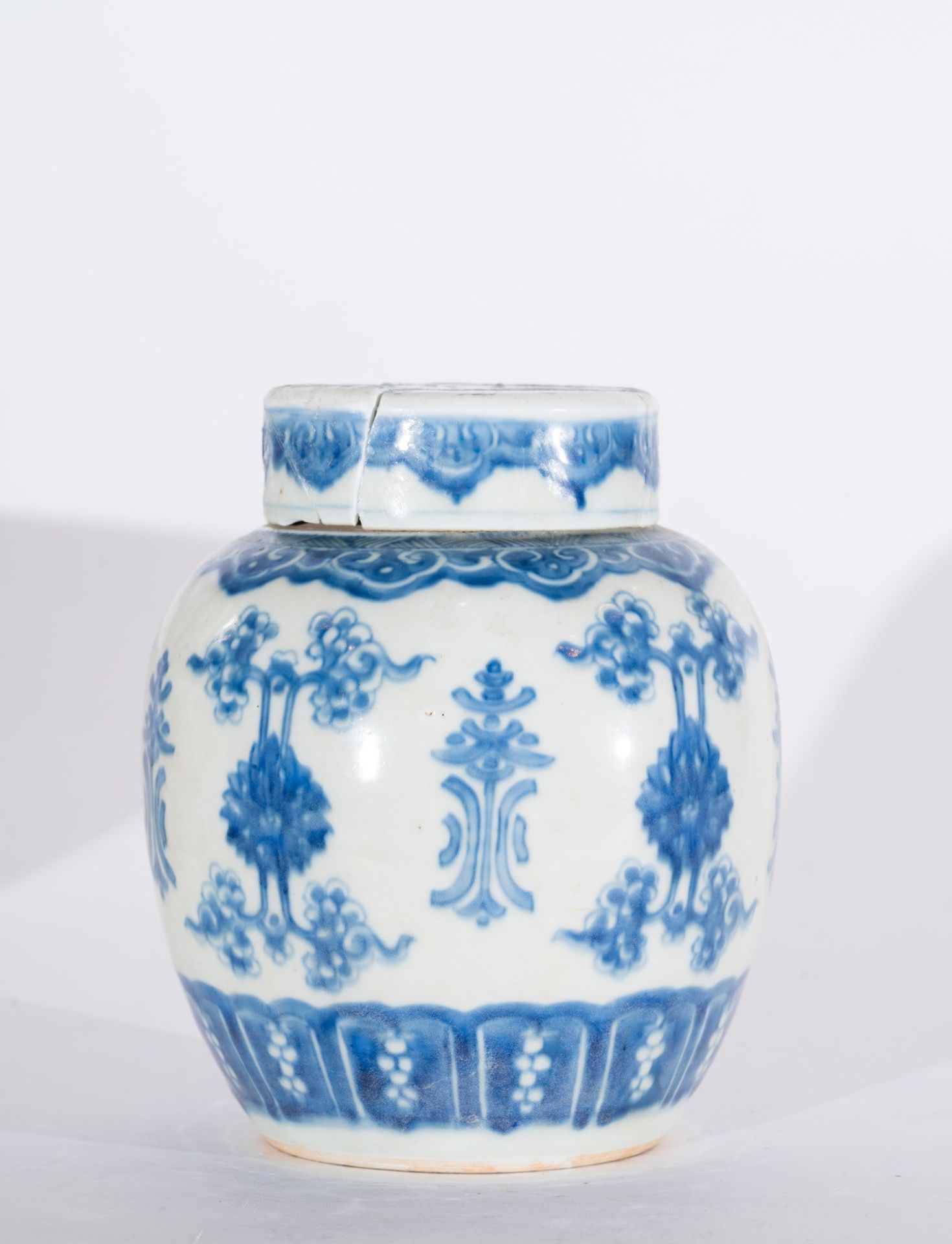 Arte Cinese A blue and white porcelain vase painted with floral motifs and bearing a double circle