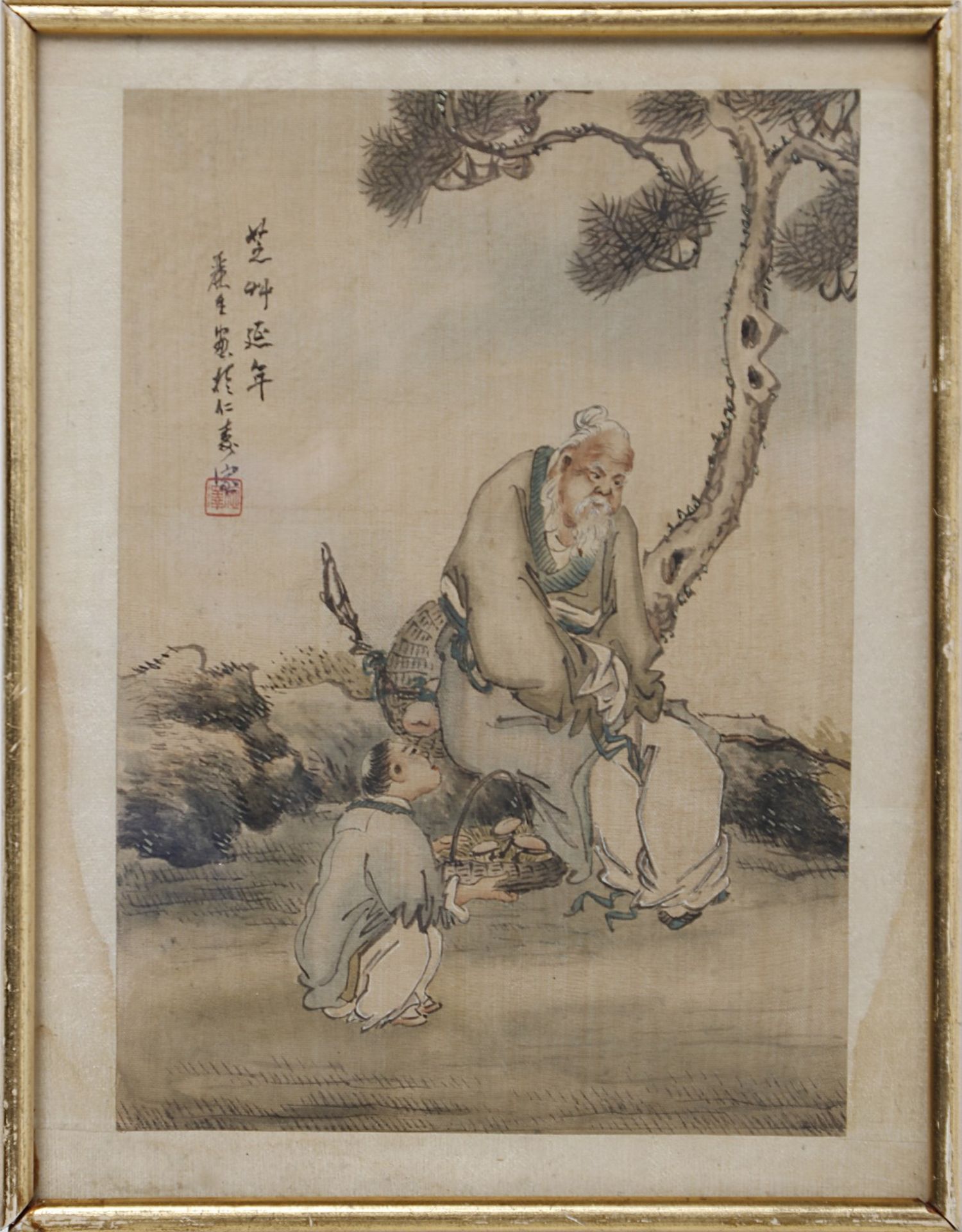 Arte Cinese A painting on silk depicting an elderly and a child China, 19th century Ink and colours