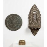 Arte Indiana A tinned copper charger, a wooden turban shelf and a bronze pan boxIndia and Levant, 1
