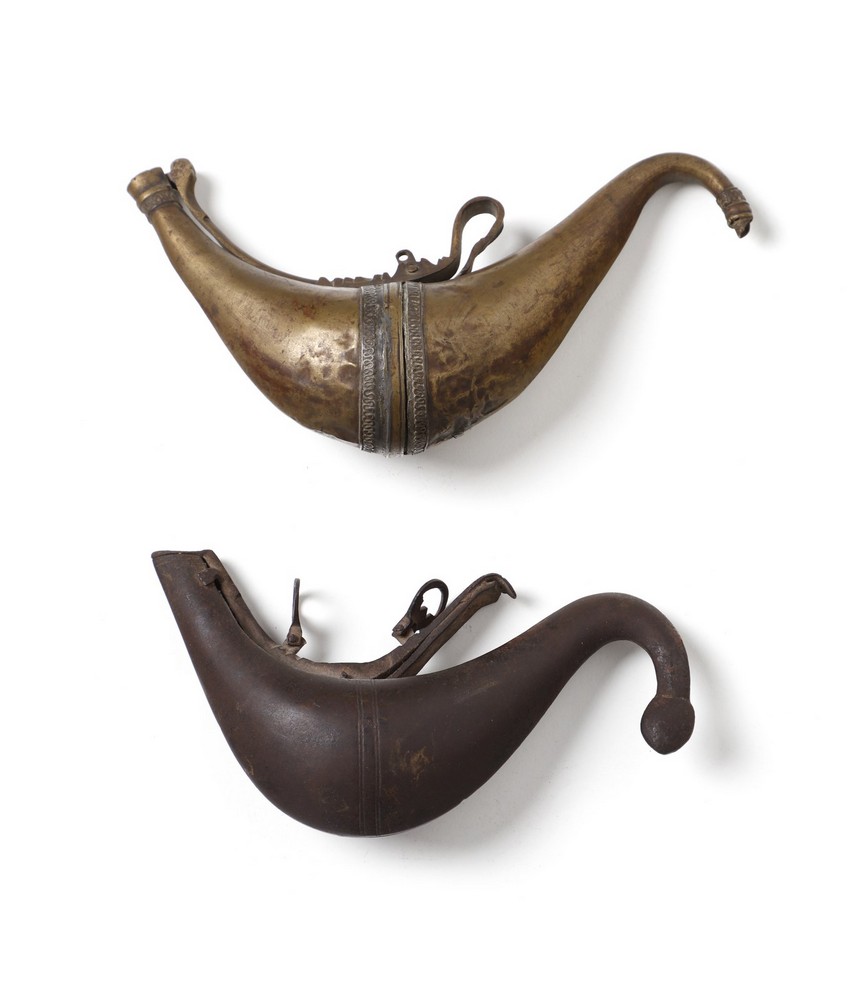Arte Islamica Two horn shaped metal powder flasks Levant, late 19th-early 20th century .