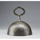 Arte Islamica An acid etched steel Qajar bell with animals, courtly scenes and inscribed carthouche