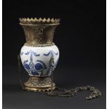 Arte Islamica A Kutahya blue and white pottery vase mounted as a censer with tombak fittings Ottom