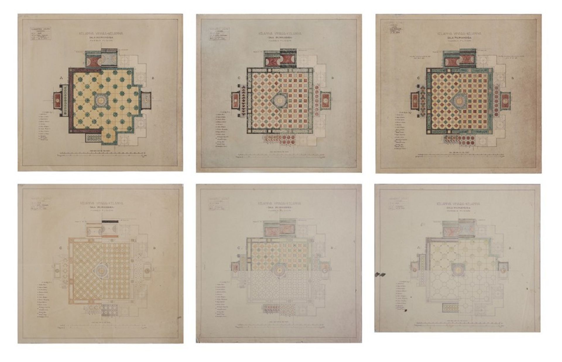 Arte Indiana A group of six sketches for the floor design of the Kelaniya Viharaya in Sri Lanka, da