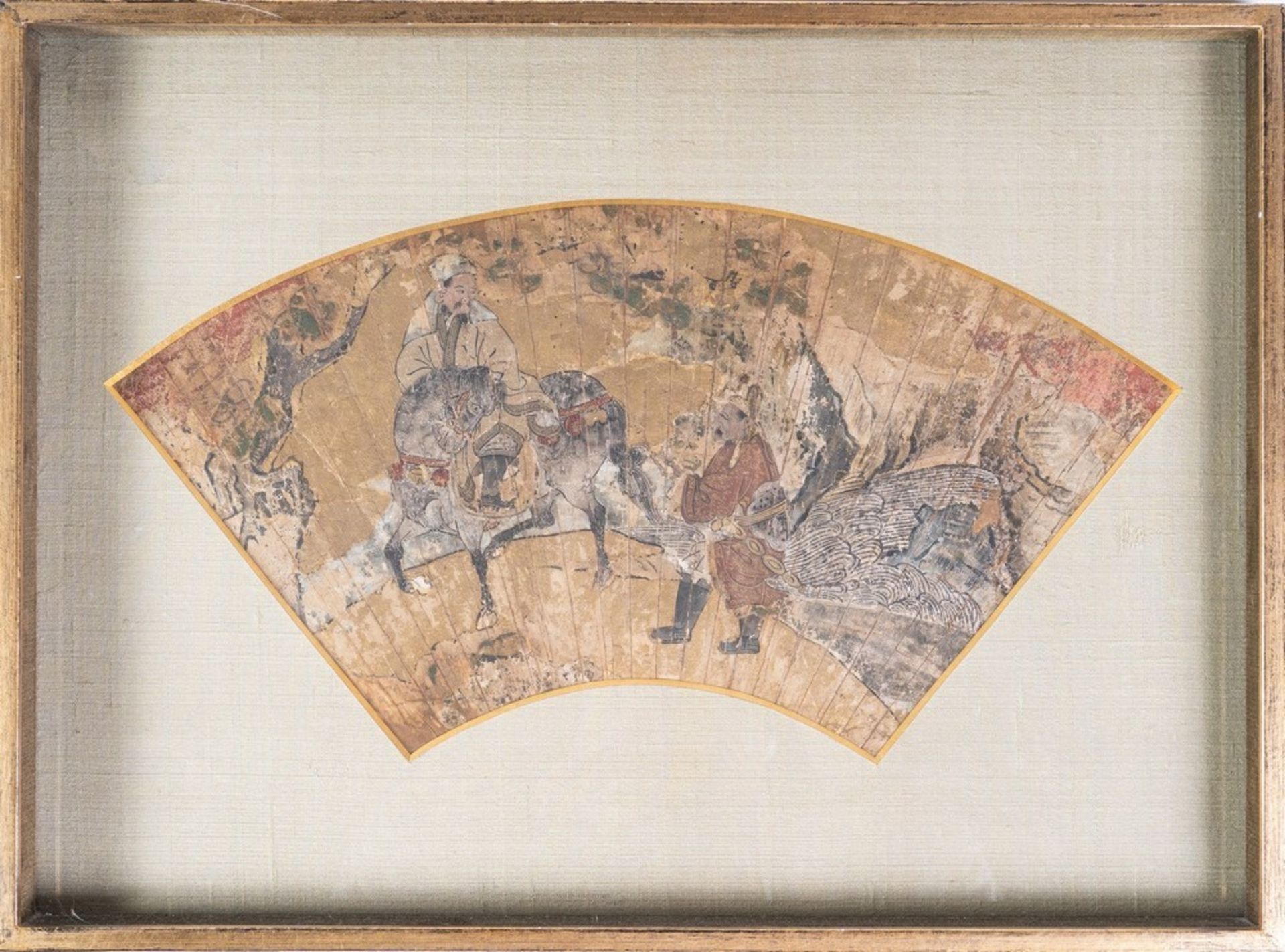 ARTE GIAPPONESE A paper folding fan decorated with characters riding Japan or Korea, 18th-19th cent