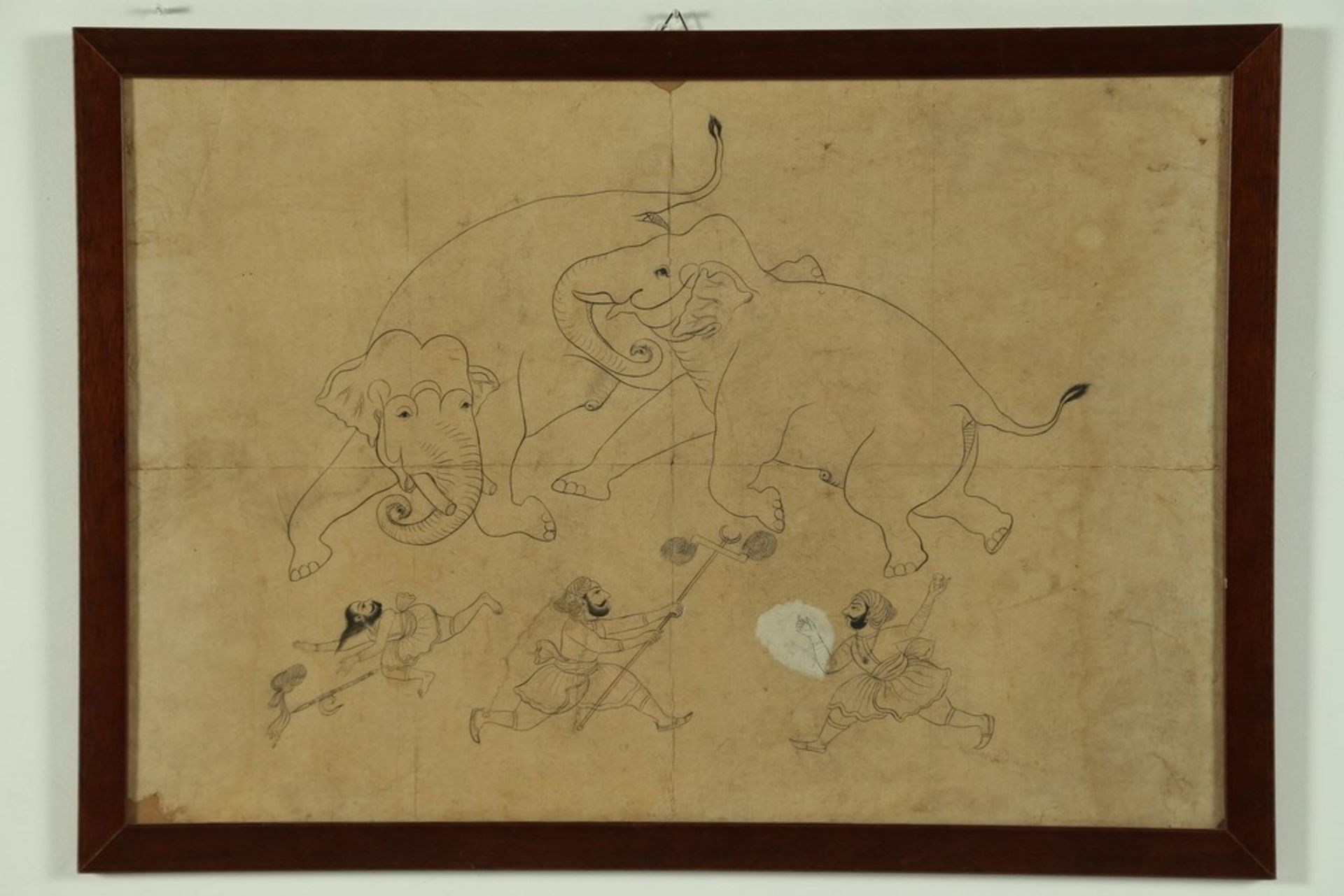 Arte Indiana  A sketch drawing depicting two elephants fighting India, 19th century .