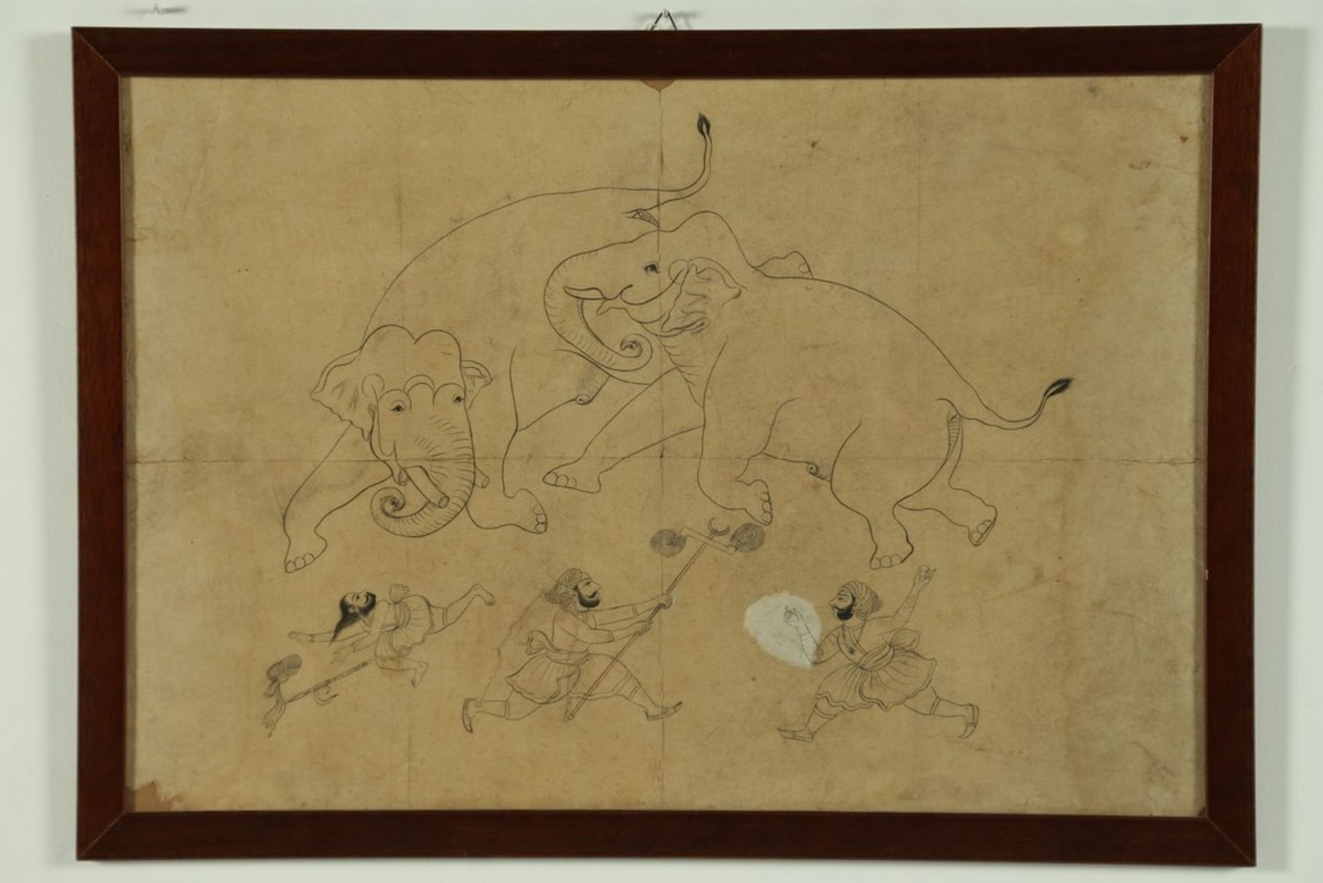 Arte Indiana A sketch drawing depicting two elephants fighting India, 19th century .