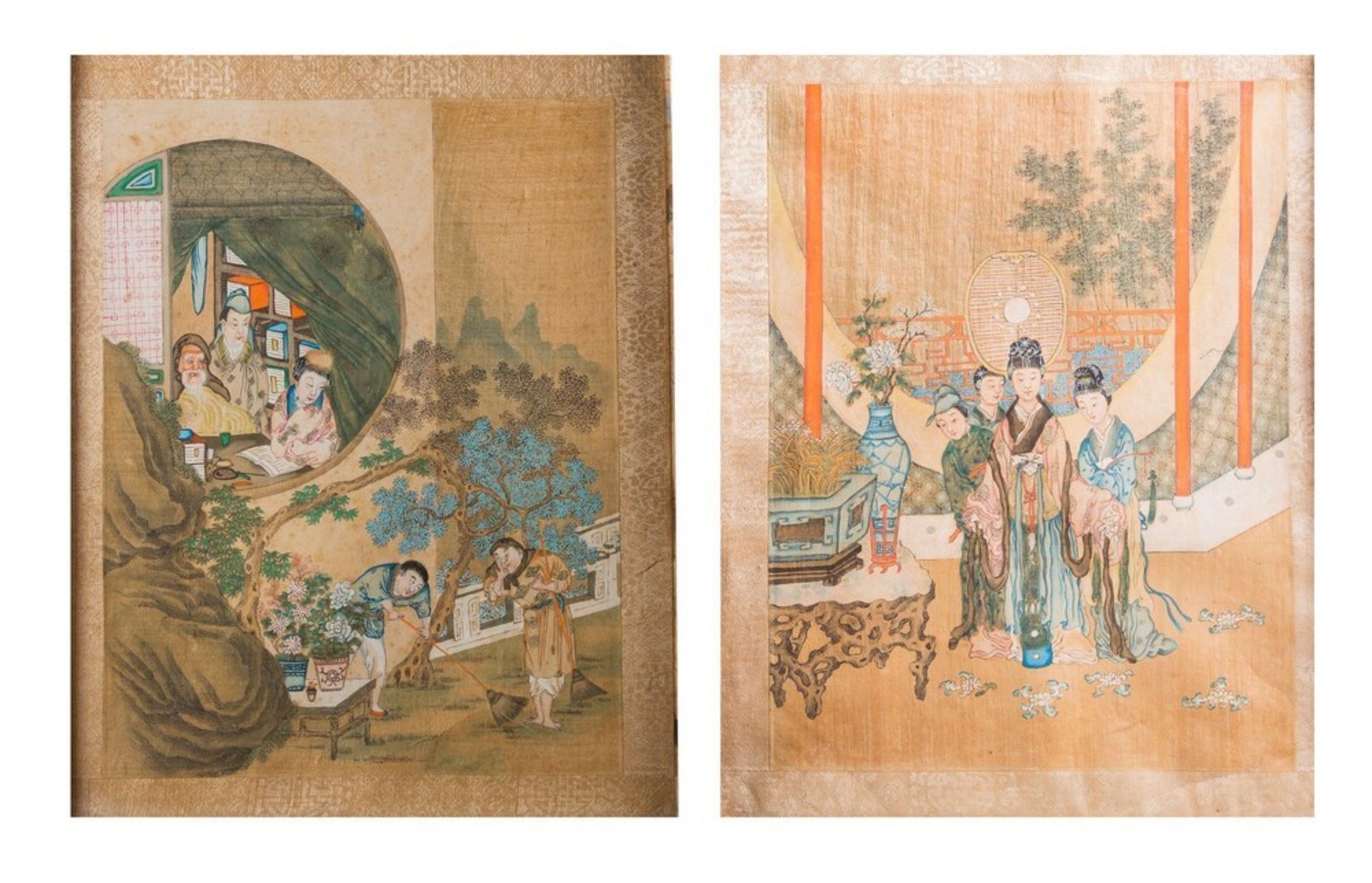 Arte Cinese A pair of paintings on silk depicting courtly scenesChina, Qing dynasty,19th century .