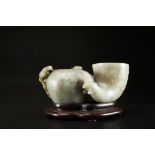Arte Cinese A grey celadon jade brush holder in the shape of a quail and brush washer vase decorate