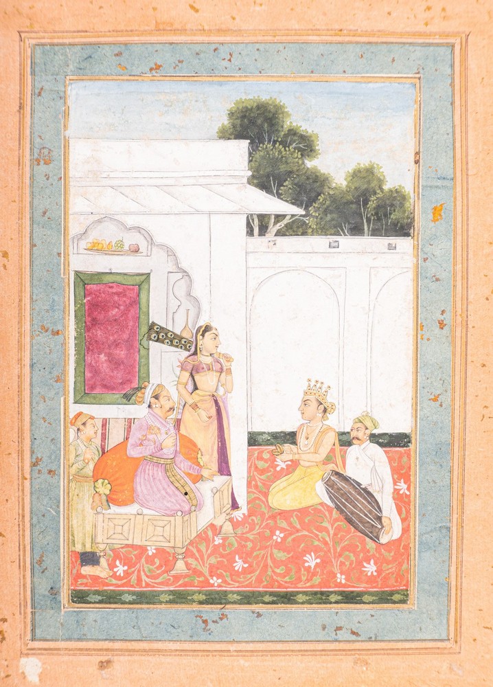Arte Indiana A miniature painting depicting an emperor and a nobleman at leisure on a terraceIndia,
