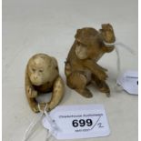A Japanese carved ivory monkey, 8 cm, and another, 4 cm