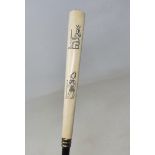 A walking stick, the ivory handle carved hieroglyphics, 91 cm