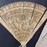 A Chinese ivory brisee fan, two others, and a similar fan with silk embroidered decoration, in a