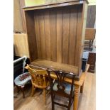 A pine kitchen table and three chairs, an oak bookcase, 107 cm wide, two chairs and a stool (6)