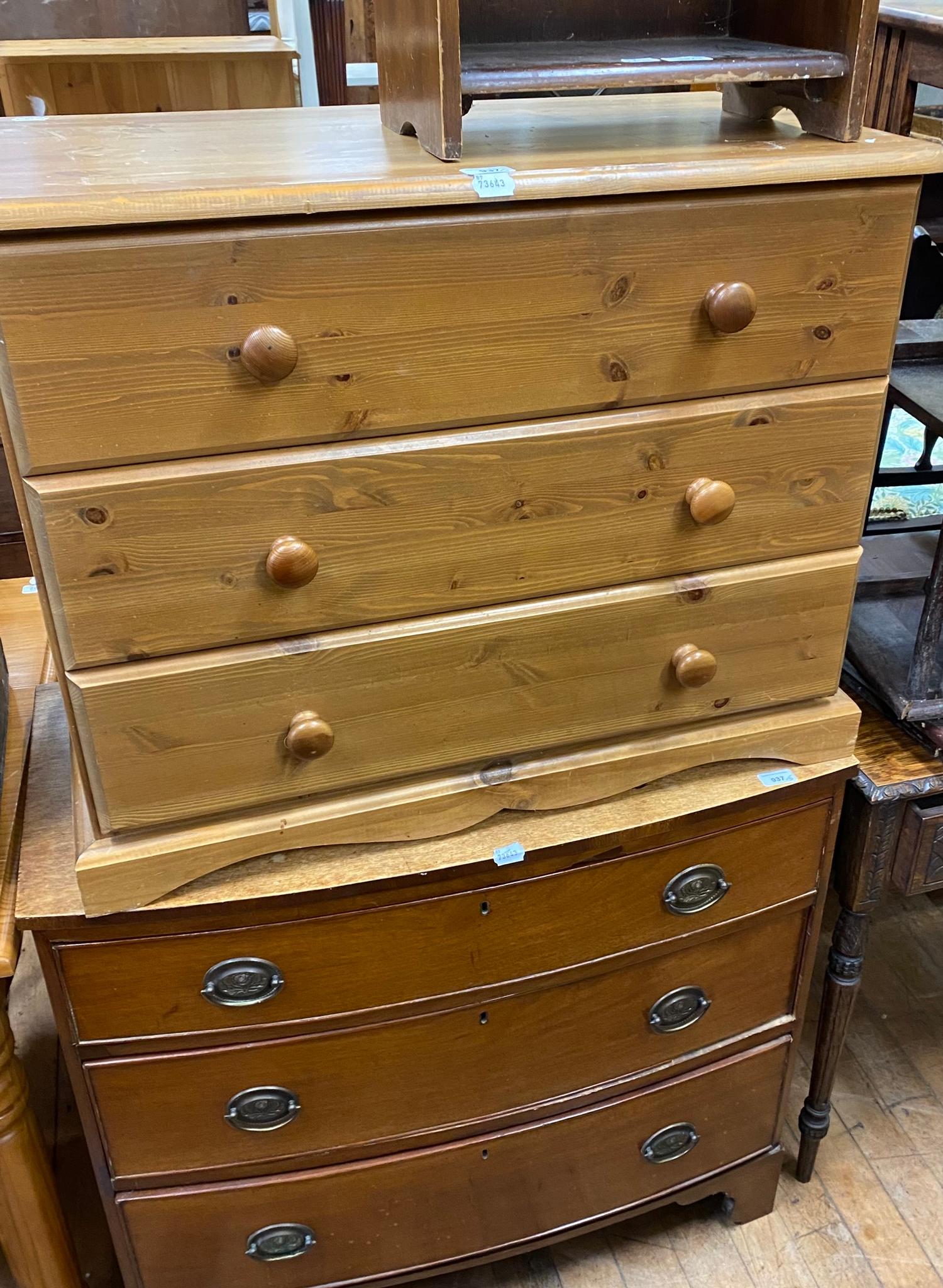 A 19th century mahogany bow front chest, having three drawers, on bracket feet, 88 cm, a pine chest,