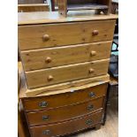 A 19th century mahogany bow front chest, having three drawers, on bracket feet, 88 cm, a pine chest,