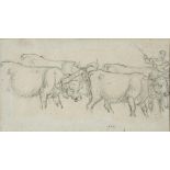 English school, 19th century, a man driving cattle, pencil, 10 x 19 cm