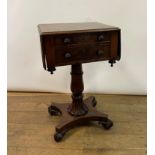 A 19th century mahogany work table, with two drawers, a column support to shaped base and scroll