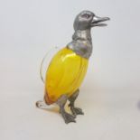 A modern silver plated and amber glass claret jug, in the form of a duck, 28 cm high