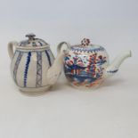 A late 18th century Leeds creamware teapot, in an Imari palate, 12 cm and a similar teapot (2)