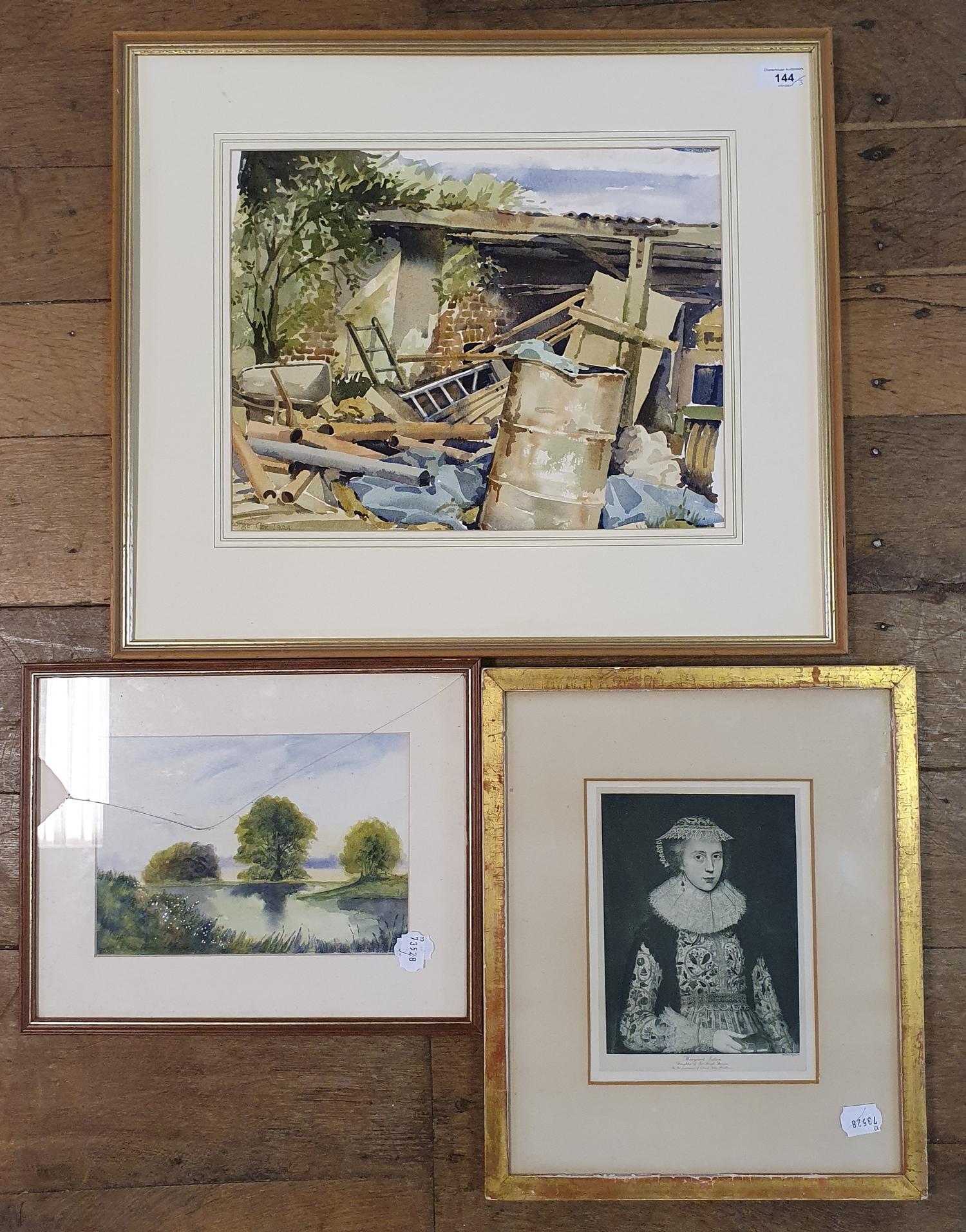 George Cox, a scrapyard, watercolour, dated 1988, 33 x 41 cm and two other pictures (3)