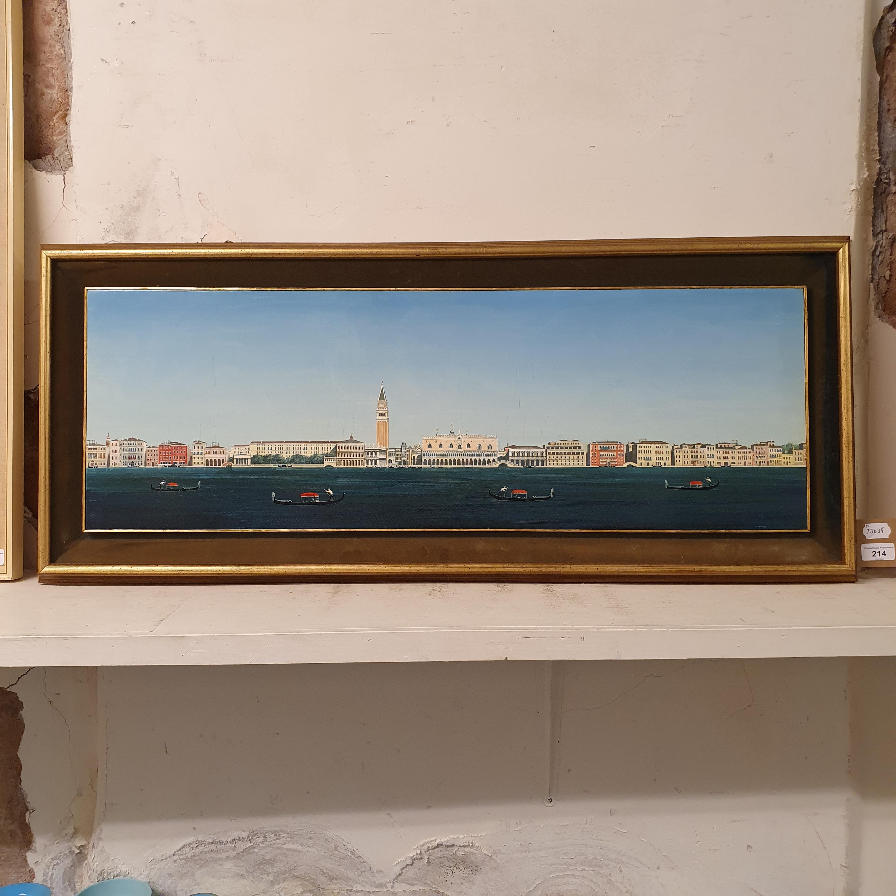 Mario Dinon (1914-1967), Venice, oil on board, labels verso, 30 x 90 cm - Image 2 of 8