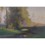 Oswald Garside (1879-1942), a landscape with a bridge, gouache, 25 x 36 cm, Swan Gallery label verso