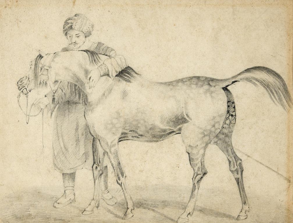 English School, 19th century, a pony and a man wearing a turban, pencil, 14 x 19 cm