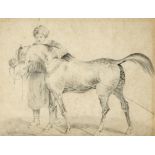 English School, 19th century, a pony and a man wearing a turban, pencil, 14 x 19 cm