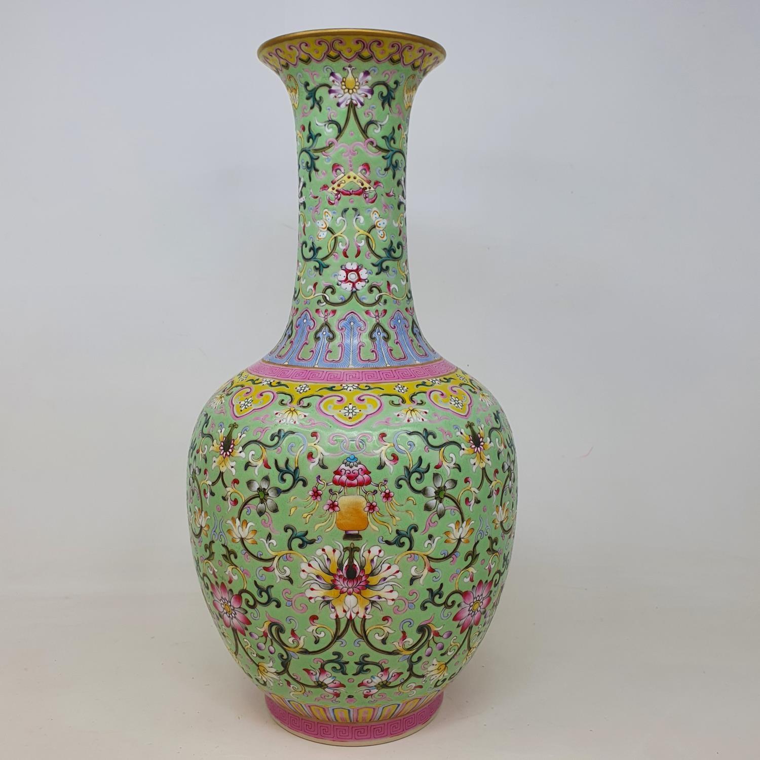 A Chinese green ground vase, with horizontal bands of floral decoration, character mark to base, - Image 5 of 7