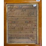 A 19th century sampler, by Emily Sanderson, aged 11, dated 1883, 40 x 30 cm