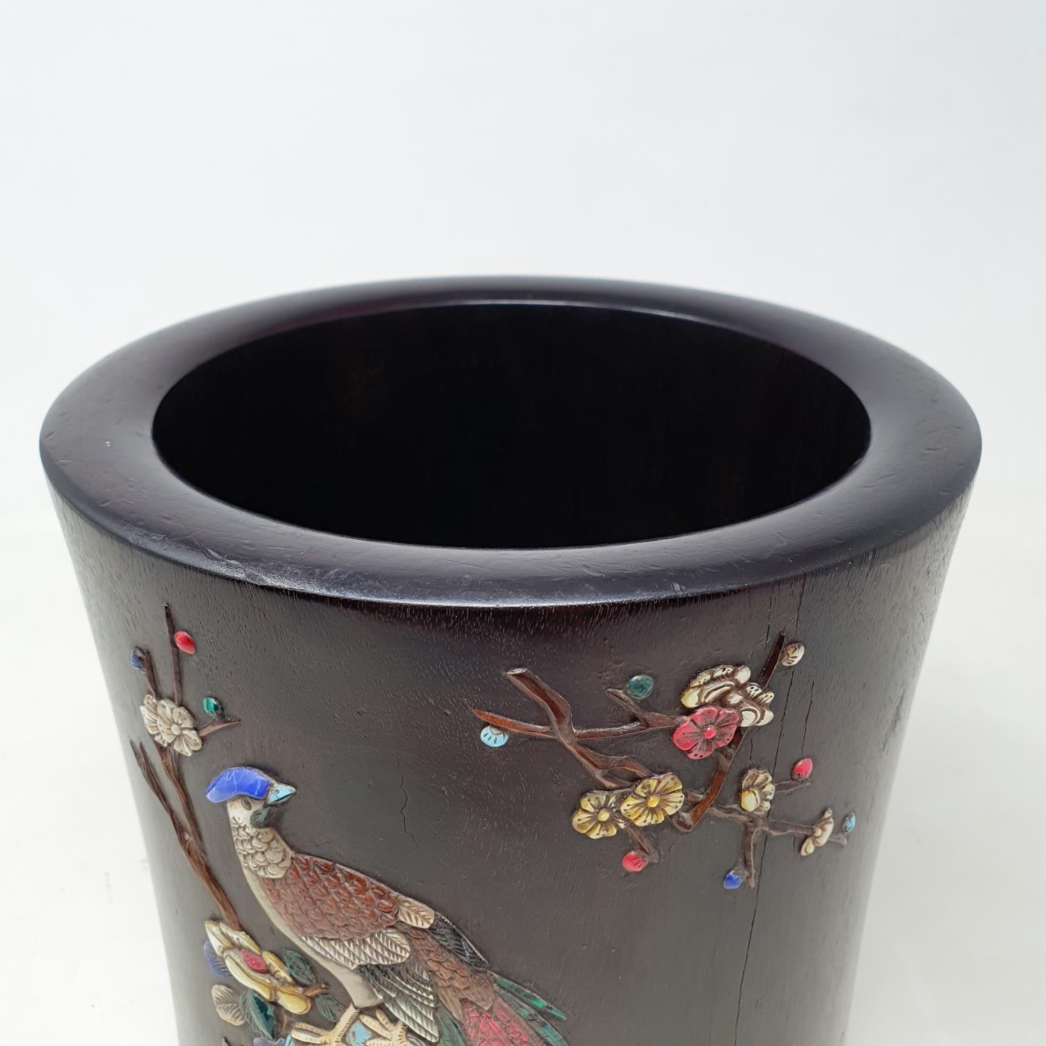 A Chinese wooden brush pot, inset with various coloured stones decorated birds and flowering - Image 5 of 8