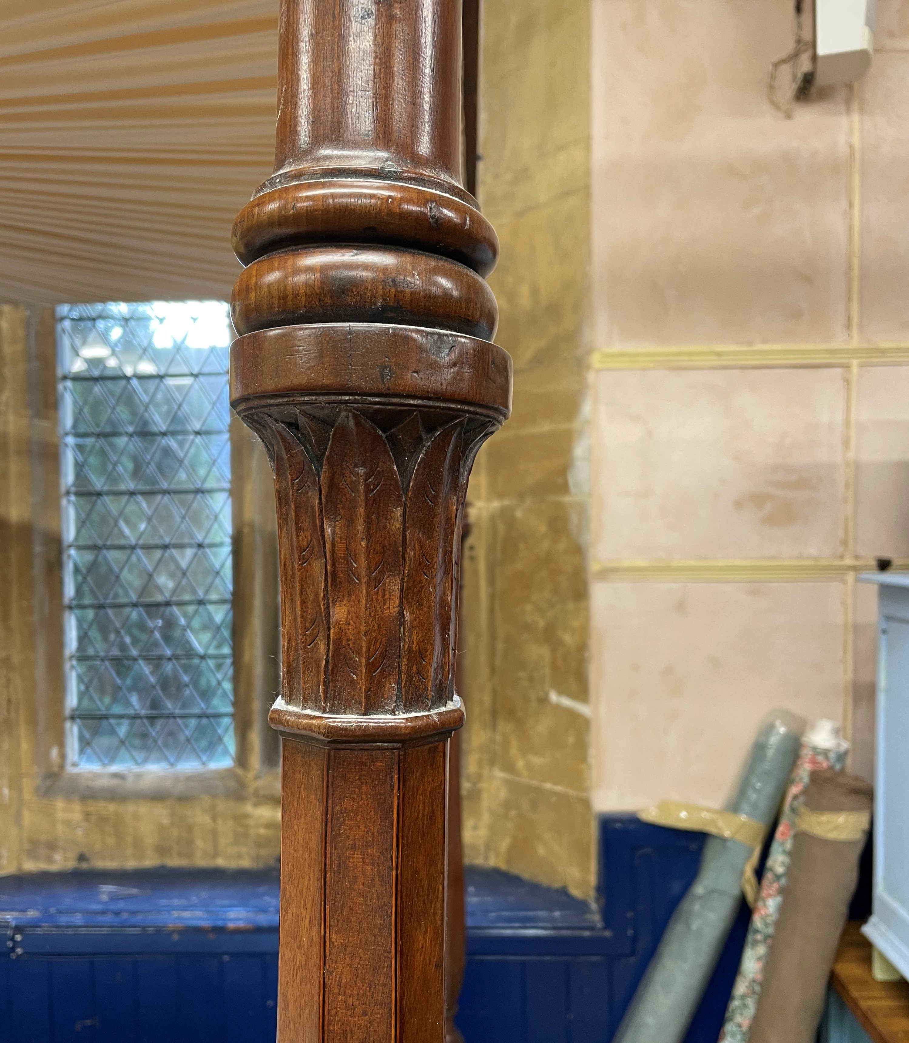 A George III style mahogany four poster bed, on octagonal baluster ends with leaf carved and - Image 2 of 3