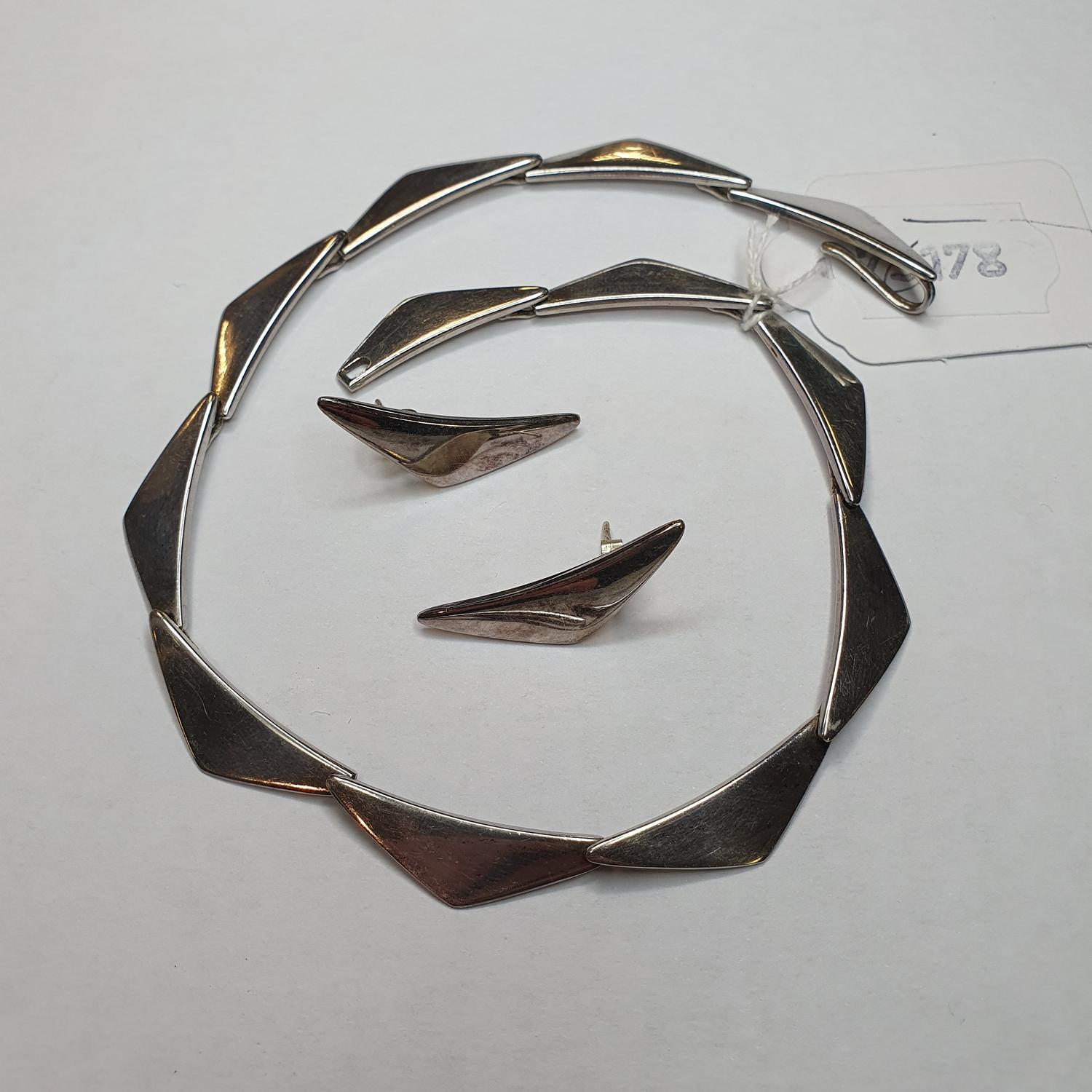 A Danish Sterling silver necklace, with triangular shaped sections, no. 315, with a matching pair of