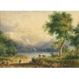 Continental school, 19th century, a landscape with figures and cattle and mountainous background,